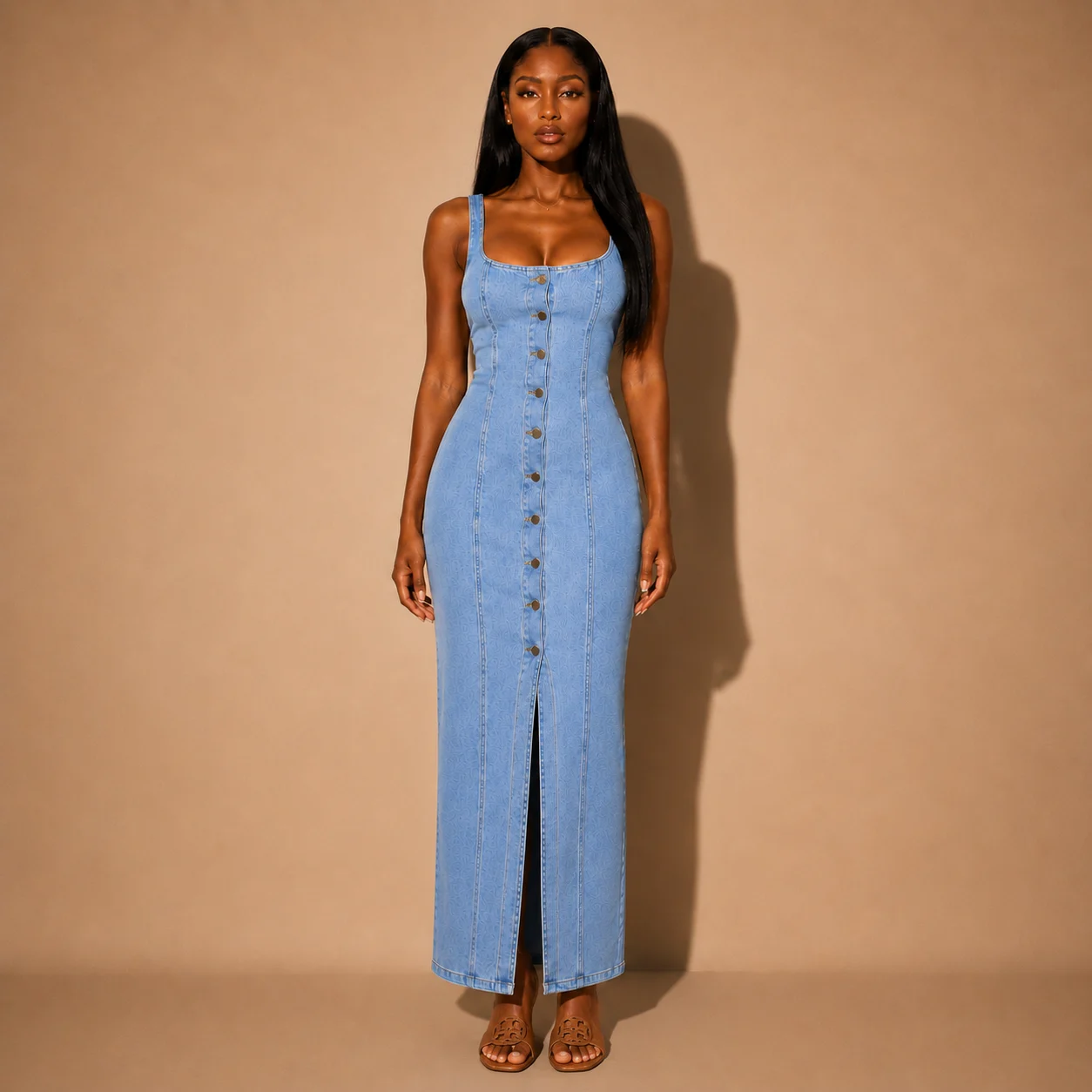 Button-Down Slim Fitted Denim Dress — premium women's fashion at O & I Label